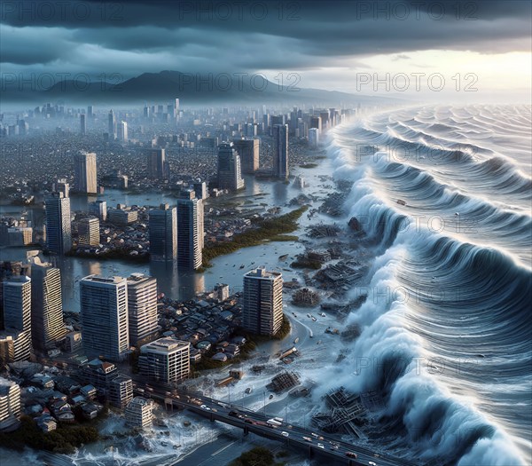 A monster wave, a tsunami, floods and destroys the houses of a city, climate change, climate crisis, global warming, AI generated, AI generated