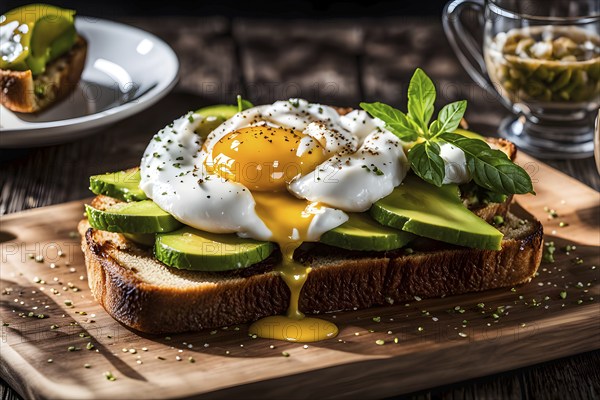 Moody breakfast toast with eggs and avocados, AI generated, AI generated
