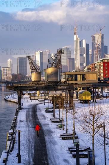 The skyline of Frankfurt am Main, skyscrapers of the banking district, historic harbour cranes at the Wesel shipyard, wintry morning, Hesse, Germany, Europe