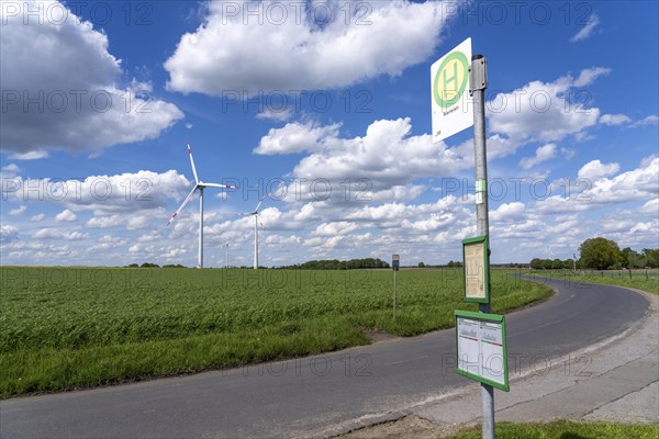 Local transport in the countryside, line 299, 4 stops on weekdays, bus stop Nierleistraße, Dorsten, North Rhine-Westphalia, Germany, Europe