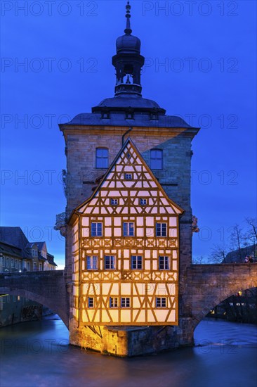 Upper Bridge, Old Town Hall, Regnitz, historic old town, Blue Hour, Bamberg, Lower Franconia, Bavaria, Germany, Europe