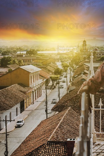 Urban view of the city of Granada Nicaragua at sunset. Beautiful cityscape of a small town at sunset