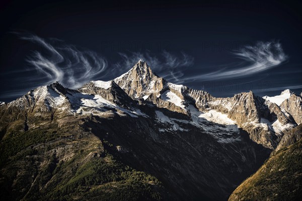 The Bietschhorn near Visperterminen, Swiss Alps, mountain, church, church tower, village, mountain landscape, alpine, idyll, hiking, climate, outdoor, tourism, travel, landscape, nature, snow, climate change, cloud, blue sky, Valais, Switzerland, Europe