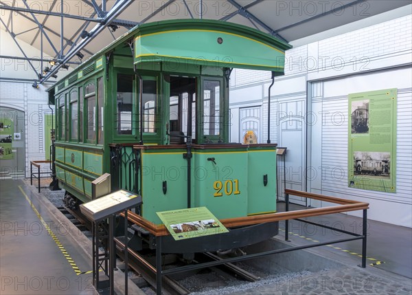 Belgian green electric tram, tramway TEPCE mortice n° 201 at Le Bois du Cazier coal mine museum, Marcinelle near Charleroi, Hainaut, Belgium, Europe