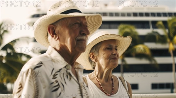 Senior caucasian couple vacationing on A cruise ship in the tropics, generatvie AI, AI generated