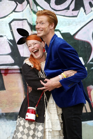Enie van de Meiklokjes and her man Tobias Stærbo at the opening of the Tim Burton exhibition at the Radsetzerei on the RAW site in Berlin on 18 July 2024
