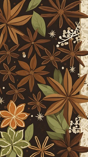 Abstract wallpaper illustration of Christmas spices like cinnamon sticks, star anise, and cloves, AI generated