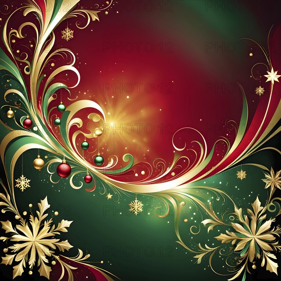 Abstract wallpaper illustration of Christmas symbols for gift cards, swirling shapes and lines, in red green and golden colors, AI generated