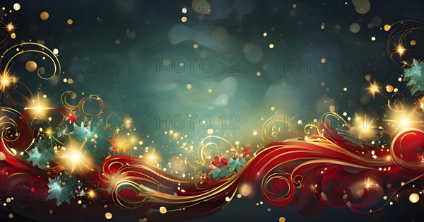 Abstract wallpaper illustration of Christmas symbols for gift cards, swirling shapes and lines, in red green and golden colors, AI generated