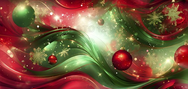 Abstract wallpaper illustration of Christmas symbols for gift cards, swirling shapes and lines, in red green and golden colors, AI generated
