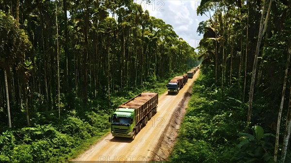 Trucks loaded with freshly cut timber wind through the narrow paths of the diminishing amazon rainforest, AI generated