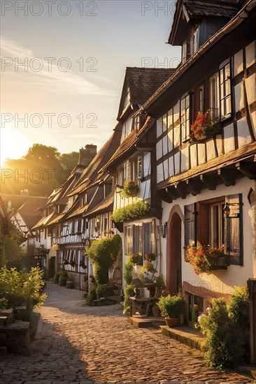 Traditional half timbered house nestled within the heart of a picturesque village in golden hour light, AI generated