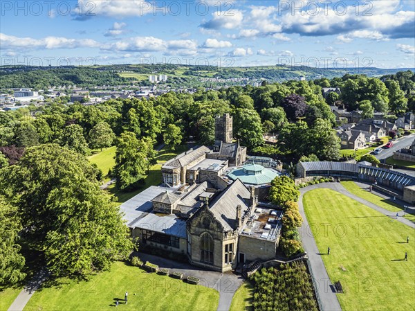 Cliffe Castle and Gardens from a drone, Keighley, West Yorkshire, England, United Kingdom, Europe