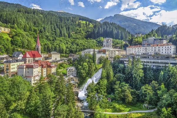 Panorama of the historic town centre with waterfall of the Gasteiner Ache, Bad Gastein, Gastein valley, Hohe Tauern, Pongau, Salzburg province, Austria, Europe