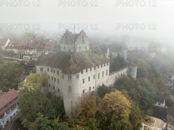 Aerial view of the historic Meersburg in autumn fog, Lake Constance, Lake Constance district, Baden-Württemberg, Germany, Europe