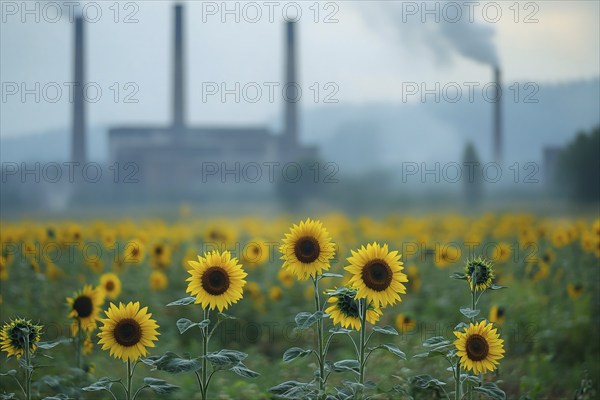 Agricultural field with growing sunflowers and factory with grey fumes in blurry background. Generative Ai, AI generated
