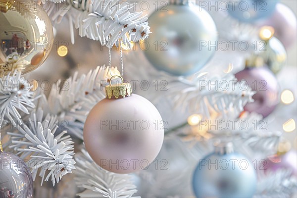 Close up of beautiful pastel colored bauble ornaments on branches of white christmas tree. Generative Ai, AI generated