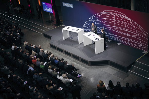 Friedrich Merz, Chairman of the CDU/CSU parliamentary group in the German Bundestag and Alexander Dobrindt, First Deputy Chairman of the CDU/CSU parliamentary group in the German Bundestag recorded at the event, Wir hören zu | Gipfel der CDU/CSU-Fraktion I Wirtschaftswende für Deutschland at the German Bundestag in Berlin, 1 February 2024