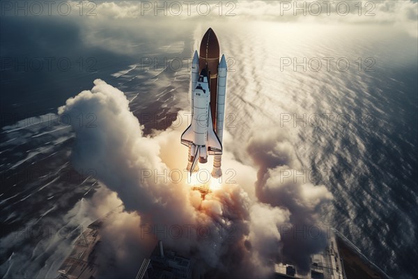 Aerial view of a rocket shuttle carrier launch at sunrise over an ocean coast. The rocket is blasting off with a trail of smoke and flames behind it, AI generated