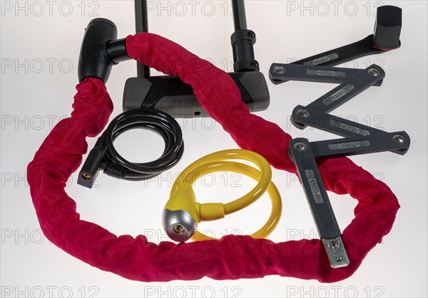 Various bicycle locks, U-lock, chain lock, folding lock, cable lock