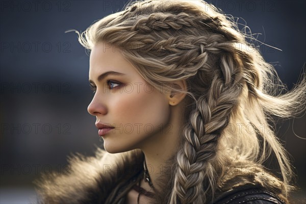 Side vie wof beautiful young woman with plaited viking style hair. KI generiert, generiert, AI generated