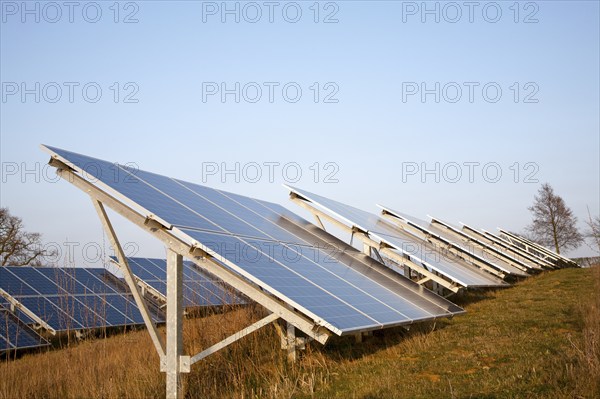 Solar array of photovoltaic panels in countryside at Bromeswell, Suffolk, England, United Kingdom, Europe
