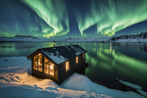 Aurora borealis illuminating snow covered fjord landscape with a wooden cabin in vibrant hues, AI generated