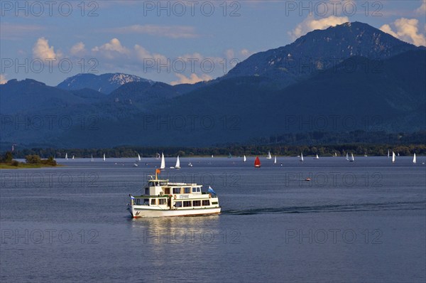 Europe, Germany, Bavaria, Chiemsee, Chiemgau, Prien-Stock, excursion boat, Chiemgau mountains, Prien, Bavaria, Germany, Europe