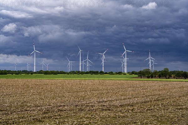 Wind farm east of Geilenkirchen, dark storm clouds, strong wind, North Rhine-Westphalia, Germany, Europe