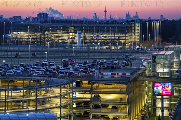 Cologne-Bonn Airport car park, Cologne city centre skyline, Cologne Cathedral, North Rhine-Westphalia, Germany, Europe
