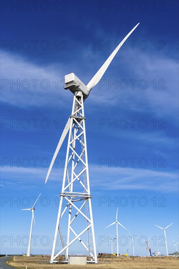 Two-blade rotor, wind turbine with two rotor blades from 2-B Energy in the industrial harbour of Eemshaven, wind turbine, wind power plant