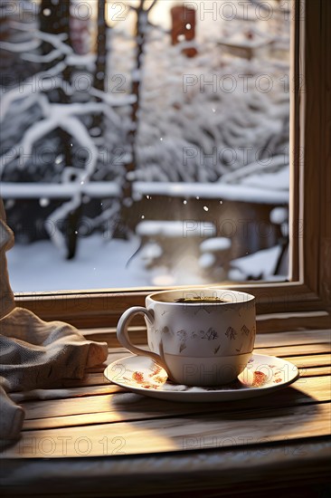 Coffee cup on a plate by a snow covered window creating a cozy winter feeling, AI generated