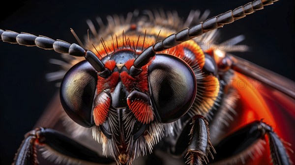 Macro of a housefly (Musca domestica) with detailed wings, large red compound eyes, and the fine bristles on its body in sharp focus, AI generated