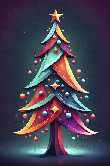 Abstract Christmas tree illustration with vibrant colors and geometric shapes, AI generated