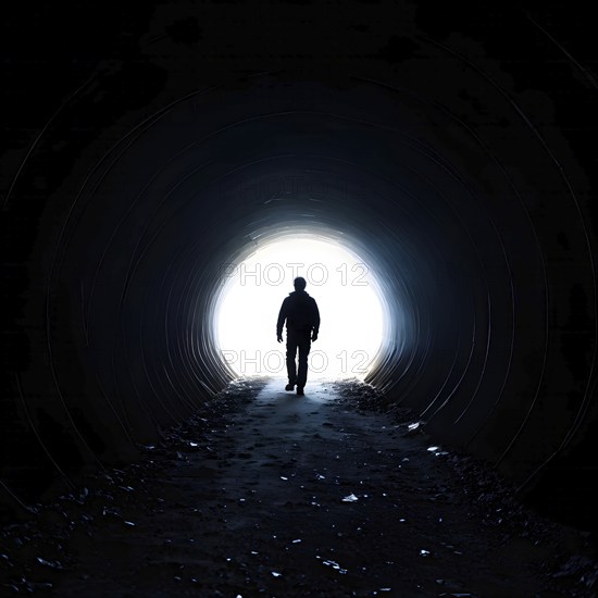 Silhouette of a man at a tunnels entrance with a stark contrast, AI generated