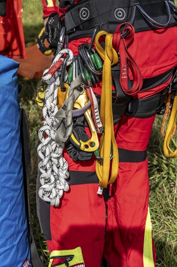 Equipment of the height rescuers of the Gelsenkirchen fire brigade, practising abseiling from a wind turbine from a height of 110 metres after rescuing an accident victim from the nacelle, Gladbeck, North Rhine-Westphalia, Germany, Europe