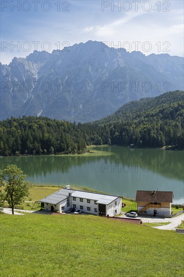 Restaurants at Lautersee, Karwendel Mountains, Alps, Mittenwald, Werdenfelser Land, Upper Bavaria, Bavaria, Germany, Europe