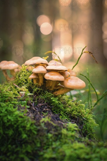 A group of mushrooms growing on a moss-covered tree stump in an autumnal forest, Calw, Black Forest, Germany, Europe