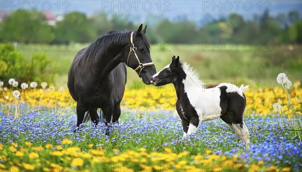 A black stallion and a foal, studio, AI generated