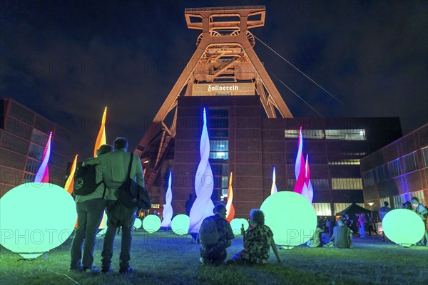 Extraschicht, Night of Industrial Culture, music, action, attractions, culture, art, show at 43 venues in 23 cities, at former industrial sites in the Ruhr area, here light installations at the Zollverein Coal Mine Industrial Complex, Shaft XII, in Essen North Rhine-Westphalia, Germany, Europe