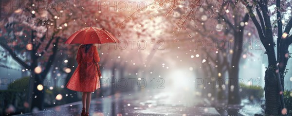 Attractive woman walking down the street with umbrella at sunset, cherry blossoms in the background, AI generated
