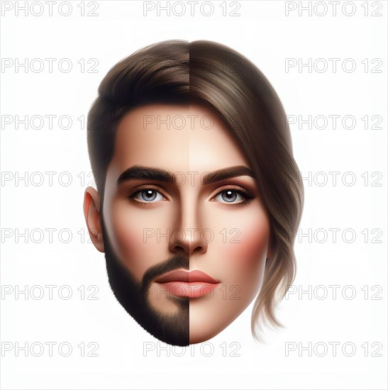 A face with masculine and feminine features, symbol image man, woman, diverse, gender, male, female, AI generated, AI generated