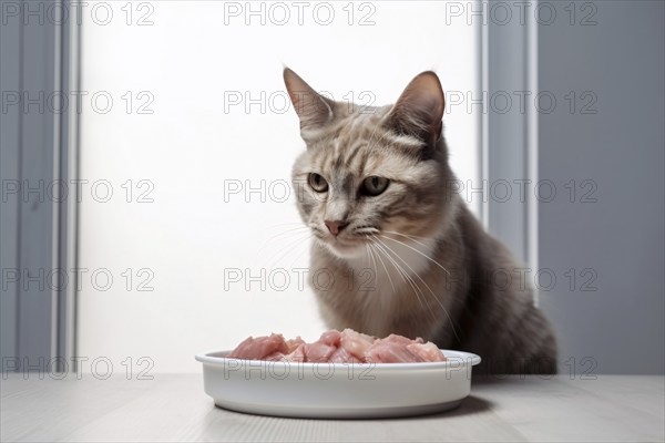 Cat in front of bowl with raw meat diet. AI generated