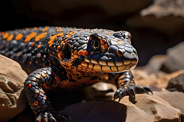 Gila monster with characteristic black and orange patterns camouflaged amongst sonoran desert rocks, AI generated