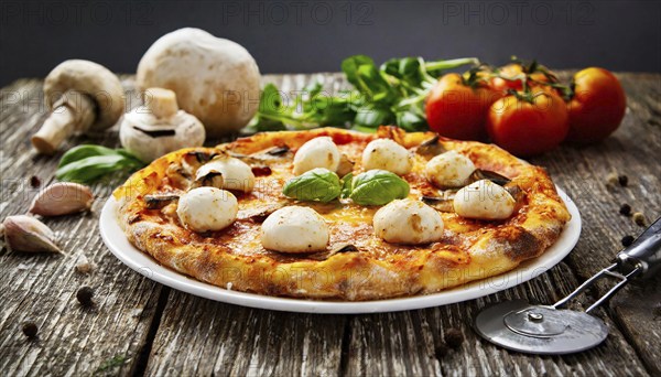 Food, a ready-made pizza with mushroom and mozzarella cheese, AI generated, AI generated
