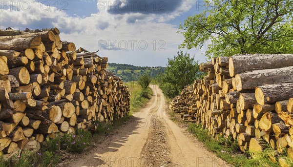 Forestry, timber industry, tree trunks stacked along a path, pile, AI generated, AI generated