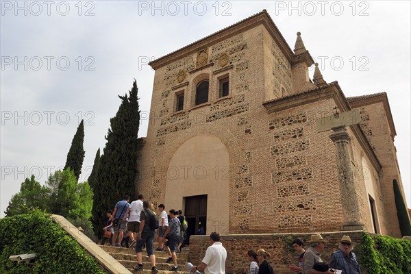 Church of Santa Maria de la Encarnacion, staircase with tourists, architecture, Mudejar style, Alhambra, Granada, Andalusia, Spain, Europe