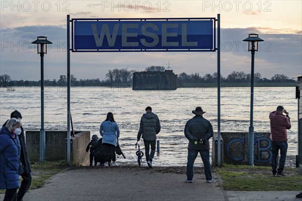 Rhine flood, riverside promenade in Wesel, the river water is already spilling onto the paths, jetty, Wesel, North Rhine-Westphalia, Germany, Europe