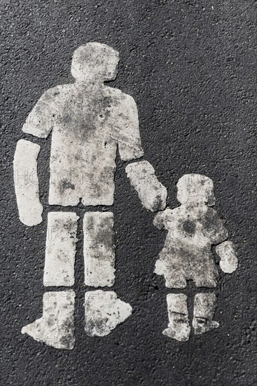 Road marking for pedestrian crossing, road, pedestrian, safety, traffic, child, family, sign, asphalt, marking, road marking, danger, accident risk, protection