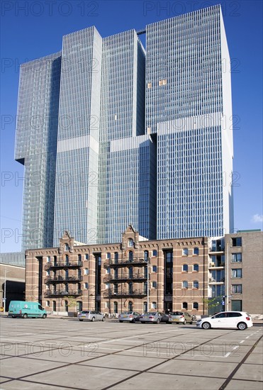 De Rotterdam building designed by architect Rem Koolhaas as a vertical city nears completion in August 2013 at Wilhelminapier, Rotterdam, Netherlands